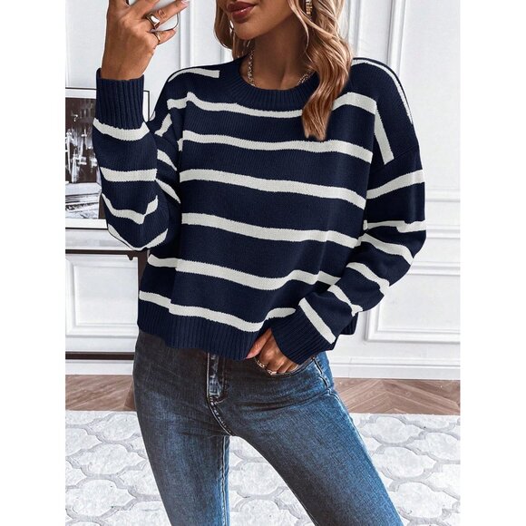 Striped Sweater Knit Crewneck tan Black preppy Minimalist - Picture 2 of 2